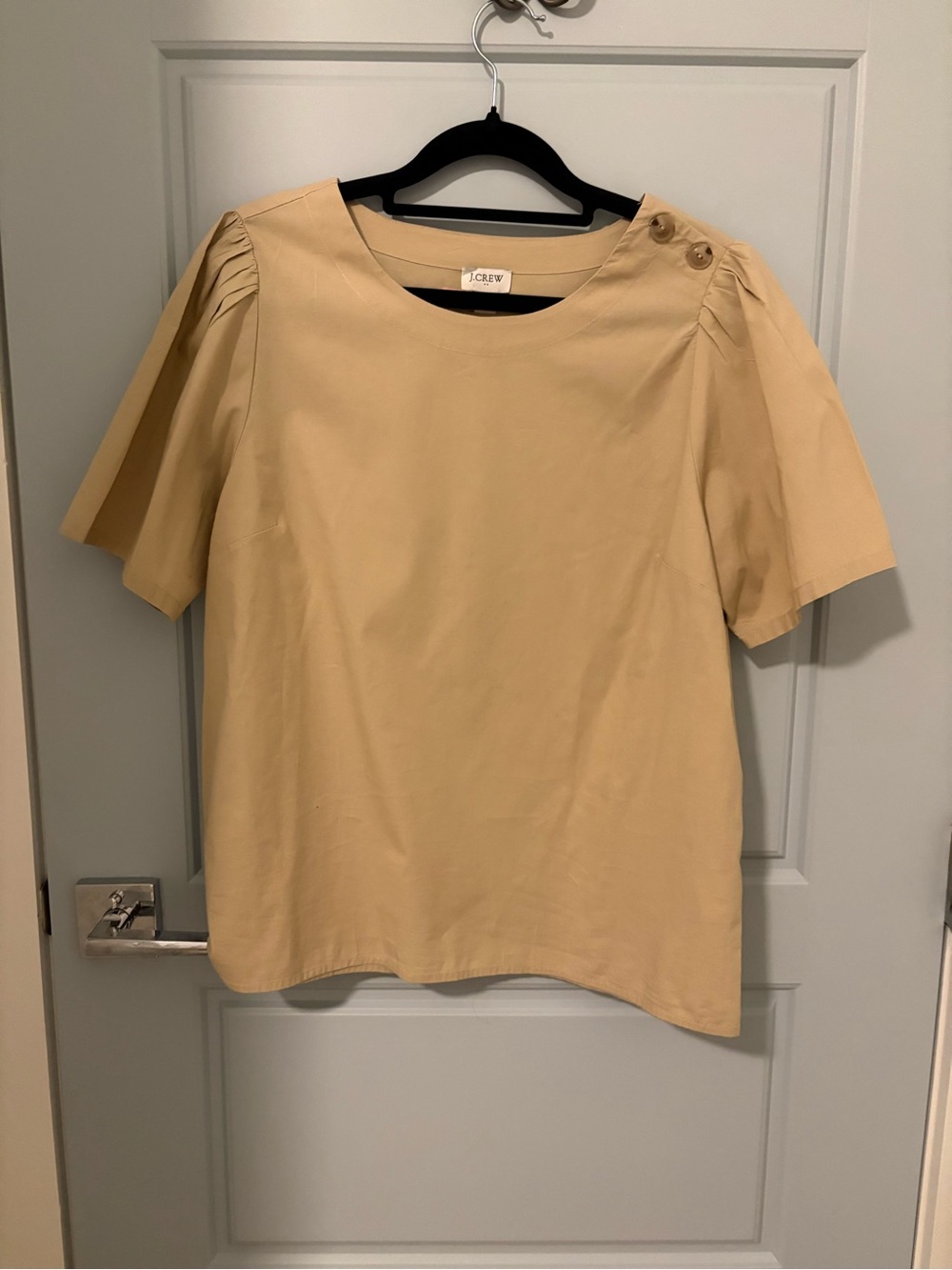 J. Crew Beige Short Sleeve Button-Shoulder Blouse EUC